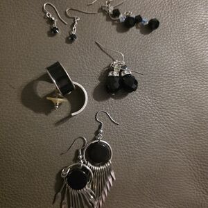 Set Of 5 Black Silver Fringe Drop Earrings - Women Jewelry